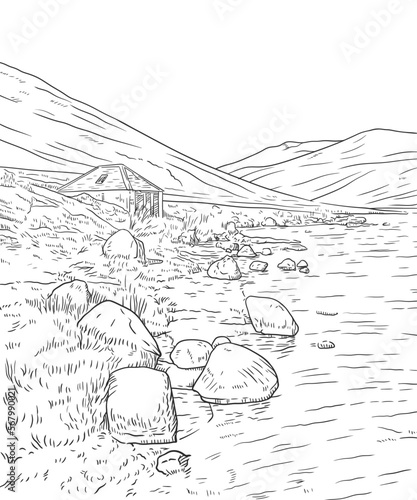 Mountain scenery with river side boat house, hand drawn vector drawing