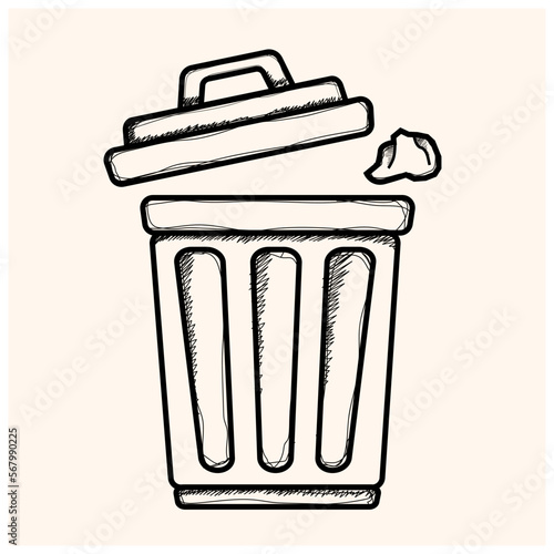 Sketched empty trash bin desktop icon. Doodle design element in vector