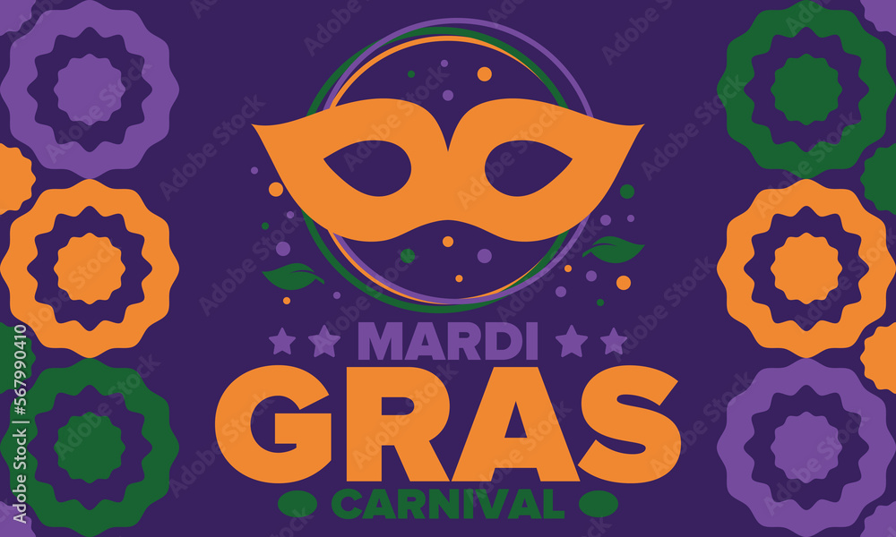 Mardi Gras Carnival in New Orleans. Fat Tuesday. Traditional holiday, celebration annual. Folk festival, costume masquerade, fun party. Carnival mask. Poster, card, banner and background. Vector Mardi Gras Carnival in New Orleans. Fat Tuesday. Traditional holiday, celebration annual. Folk festival, costume masquerade, fun party. Carnival mask. Poster, card, banner and background. Vector