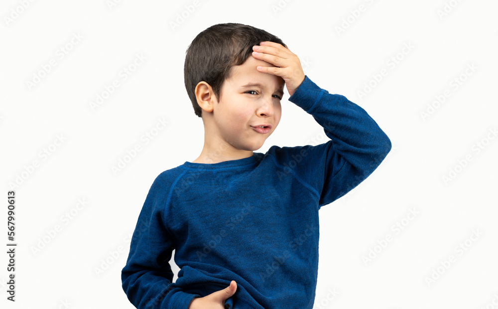 Stressed dark haired boy with hand on head, shocked with shame and surprise face, angry and frustrated. Fear and discomfort by mistake with white background.