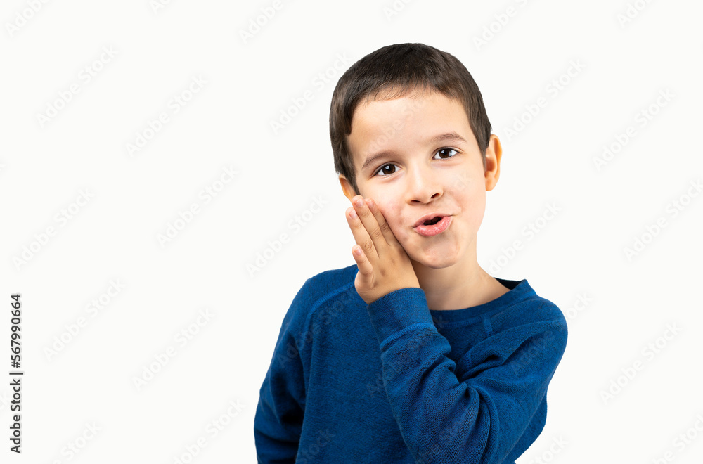 Adorable caucasian kid wearing casual clothes hand on mouth telling secret rumor, whispering malicious talk conversation with white background Adorable caucasian kid wearing casual clothes hand on mouth telling secret rumor, whispering malicious talk conversation with white background