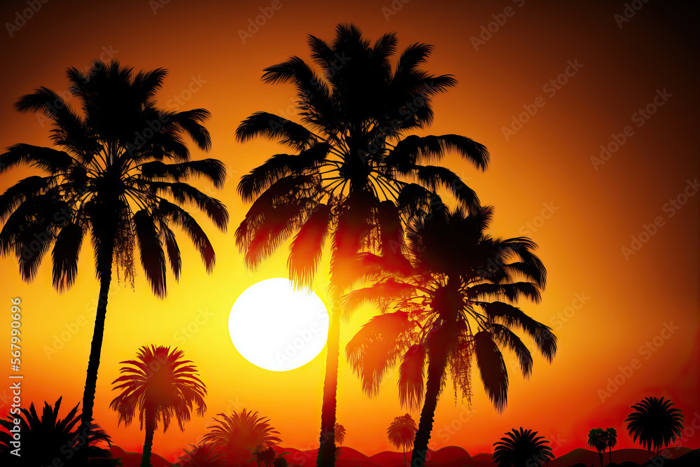 Palm palms in the light of sunset. Generative AI