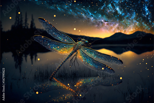 night scenery magic dragonfly wallpaper generative ai