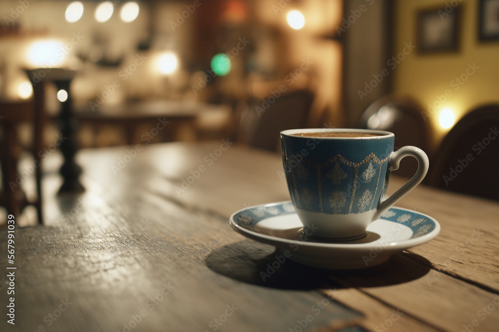 cup of coffee on a table in a bar decorated with wood. Ai generated art