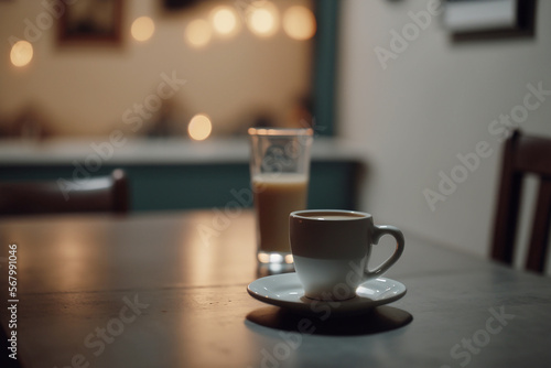 cup of coffee on a table in a very bright minimalist bar. Ai generated art