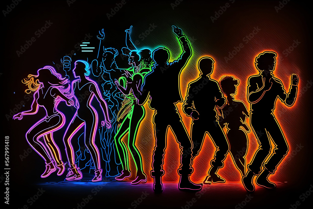 neon silhouettes of dancing people on a black background