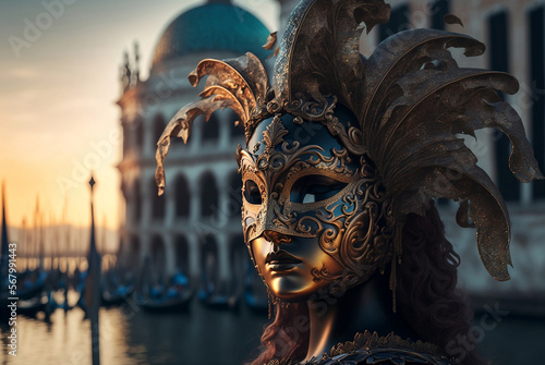 girl in venetian mask on background italian landscape at sunset