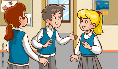 a group of students kids talking cartoon vector 