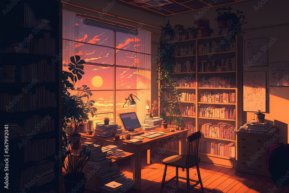 a tranquil, soothing library A workplace with atmospheric light shining  inside at sunset. Stunning lighting in