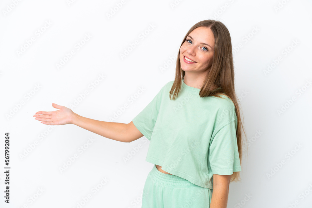 Young Lithuanian woman isolated on white background extending hands to the side for inviting to come Young Lithuanian woman isolated on white background extending hands to the side for inviting to come