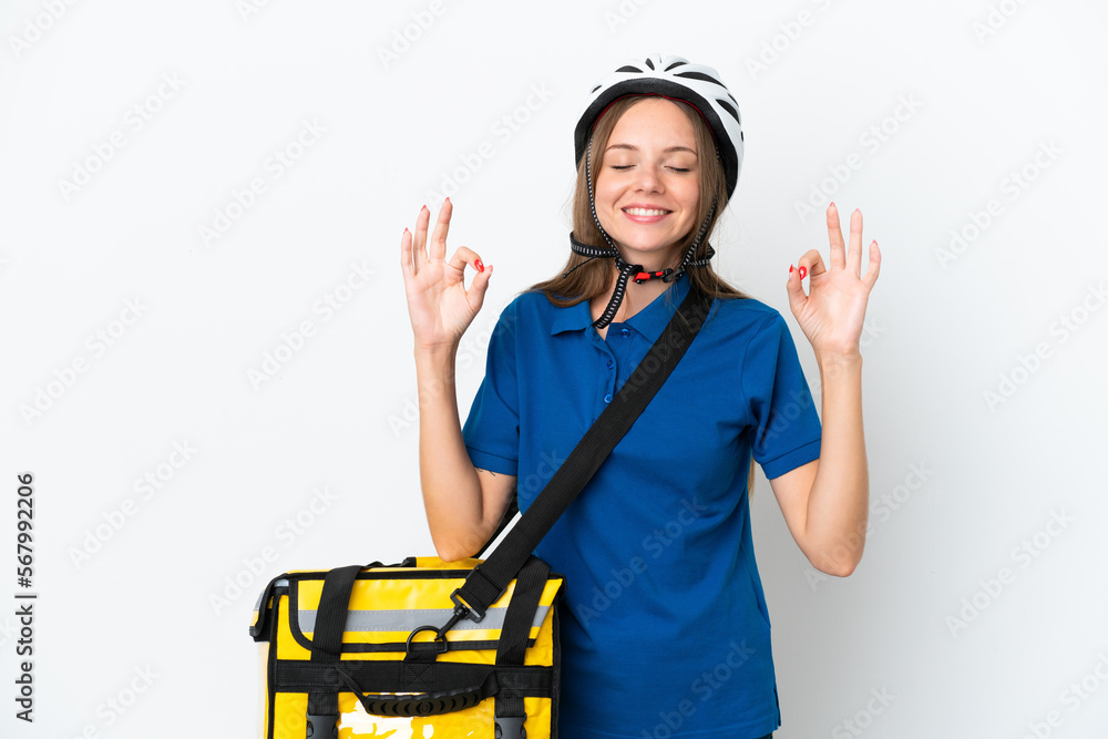 Lithuanian woman with thermal backpack in zen pose Lithuanian woman with thermal backpack in zen pose
