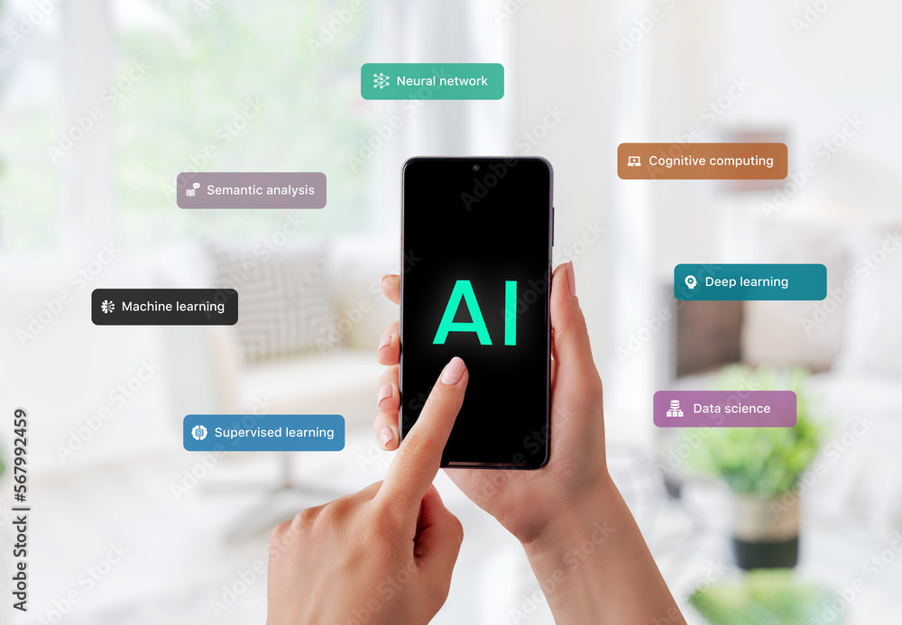 Smart phone, showcasing the use of AI technology such as semantic analysis, deep learning, neural networks, machine learning, supervised learning. Integration of AI into everyday devices