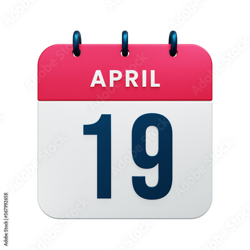 April Realistic Calendar Icon 3D Rendered Date April 19