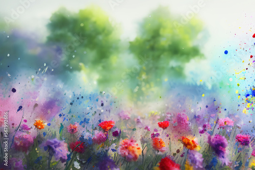 Watercolors flowers background  abstract flowers made from whatercolor paint splashes  3d illustration impressionism style. Generative AI.