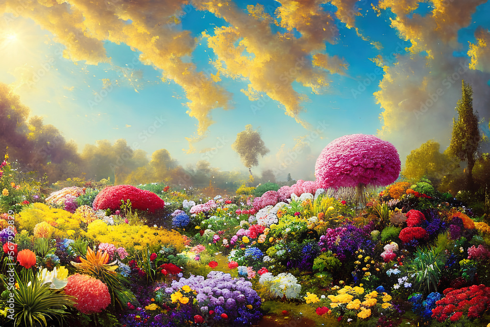 Paradise garden full of flowers, beautiful idyllic background with many  flowers in eden, 3d illustration. Generative AI. ilustração do Stock