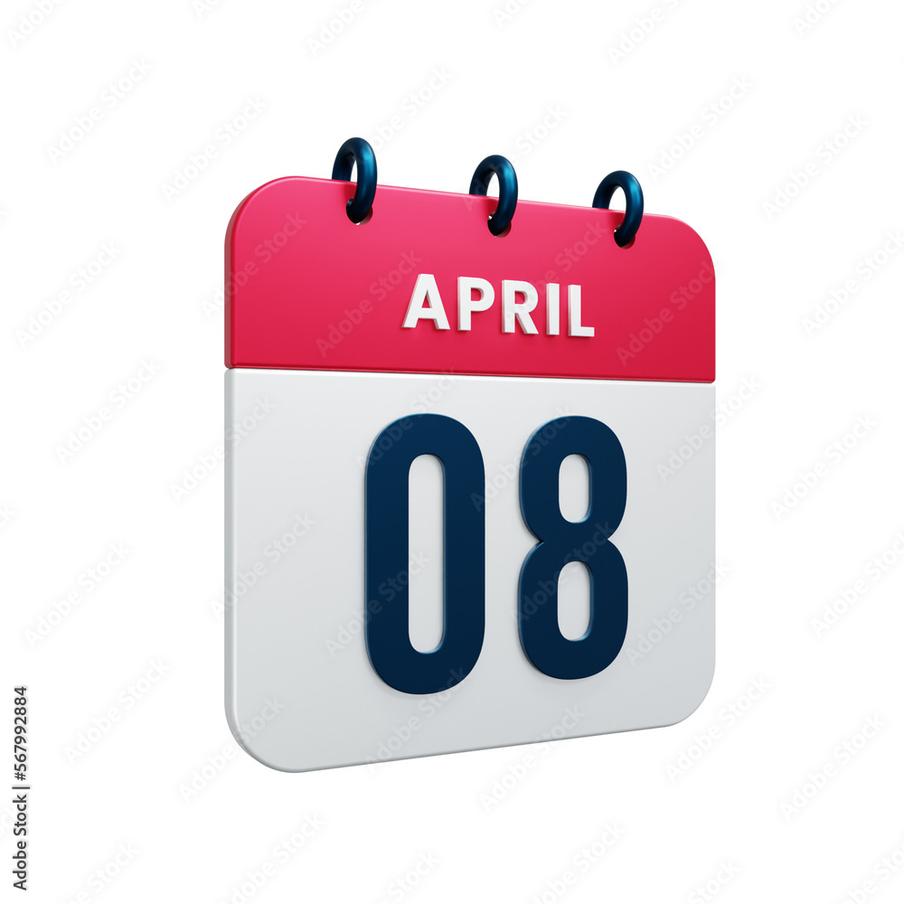April Realistic Calendar Icon 3D Rendered Date April 08 April Realistic Calendar Icon 3D Rendered Date April 08