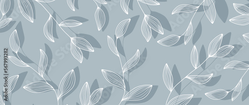 Stylish and minimalistic floral background in pale blue shades with branches and leaves for design, decor, print