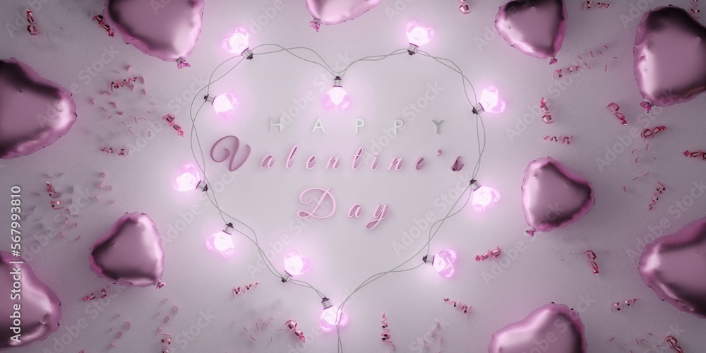 Happy Valentine's Day holiday web banner with 3d pink air balloons and confetti glowing garlands. Happy Valentine's Day holiday web banner with 3d pink air balloons and confetti glowing garlands.