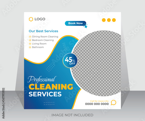 Cleaning service social media post banner template. House, Office, and hotel cleaning social media square banner or web ads poster design 