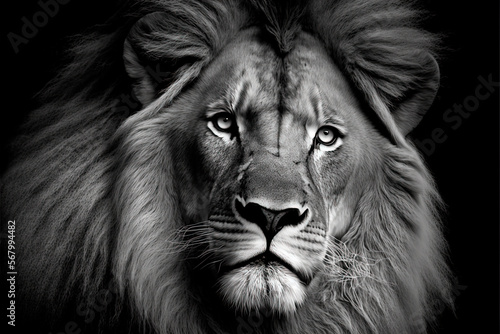 Amazing Black And White Lion Face Looking. Generative AI