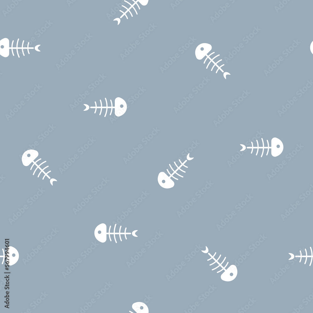 seamless minimal cute, sweet, pastel fish bone repeat pattern in blue background flat vector illustration design