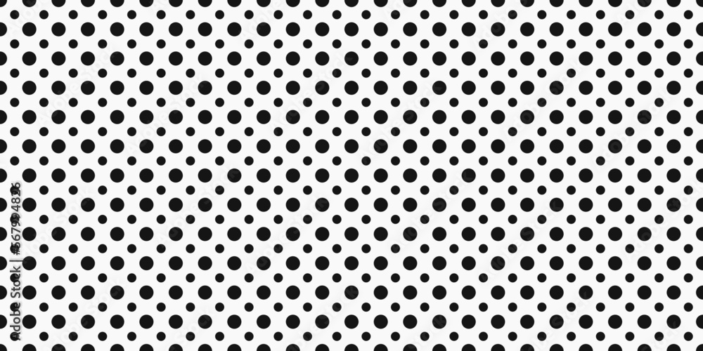Grid of black circles, large and small. Geometric seamless pattern for print, interior design, fabric, various surfaces.