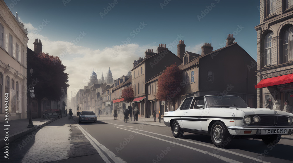 a car with a background of old city with traffic foggy atmosphere london style generative ai
