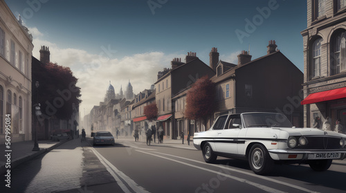 a car with a background of old city with traffic foggy atmosphere london style generative ai © visionart