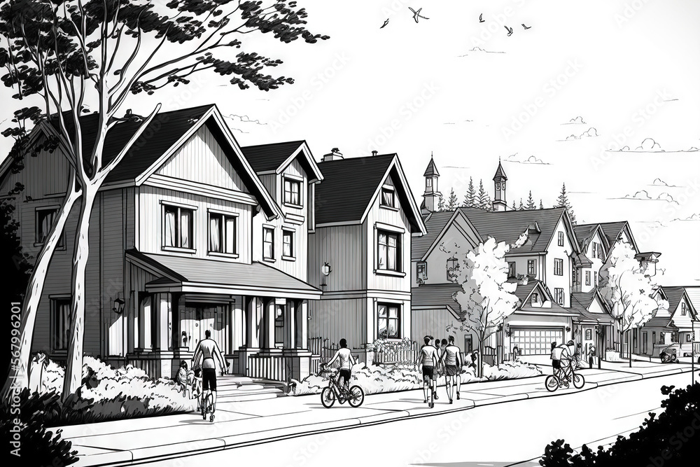 People line drawing of a neighborhood in a community. structures for homes in a suburban street. People in a village neighborhood bike and stroll. Generative AI