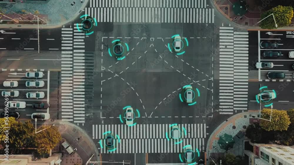 Self driving autonomous cars speeding through the crossroad with ...
