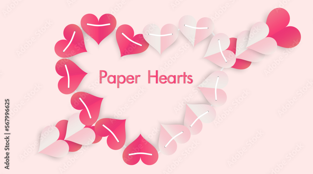 vector illustration red and pink paper hearts Love sign or cute greeting card Paper heart background arranged in the shape of an arrow embroidered heart