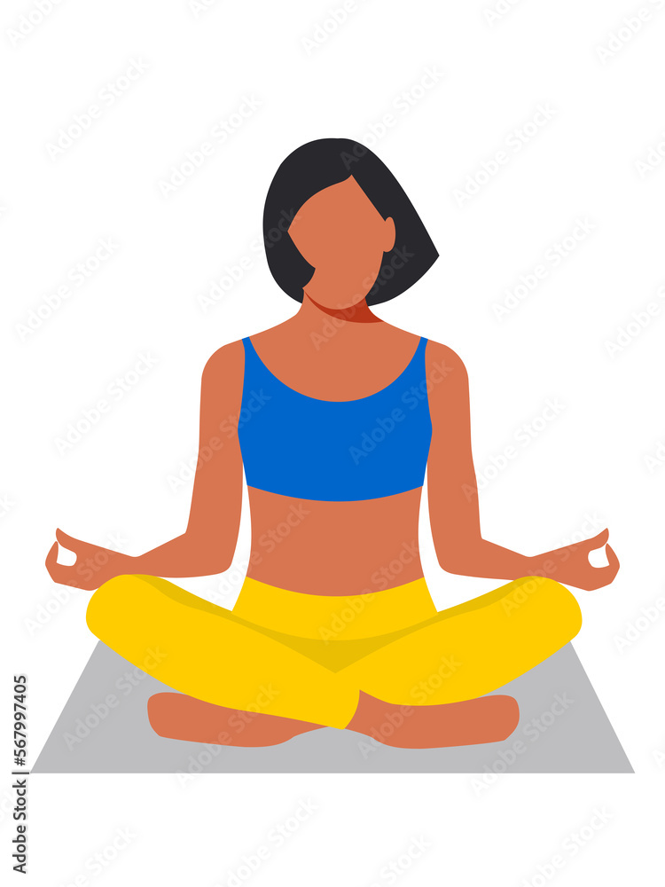 A woman sits cross legged and meditates. A young athletic girl with short black hair is engaged in physical and mental health. Meditation and yoga. 