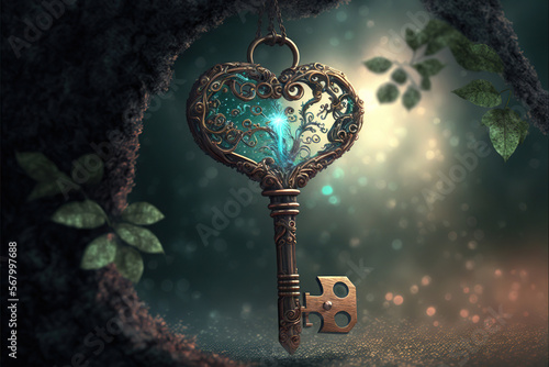 Magic key hanging on a tree in a fantasy forest, Generative AI photo