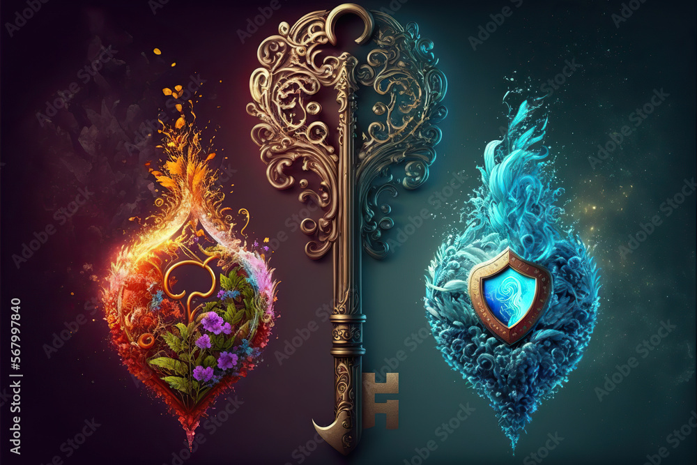 Fototapeta premium Fantasy keys of the elements, fire, water, earth, air, magic item, Generative AI