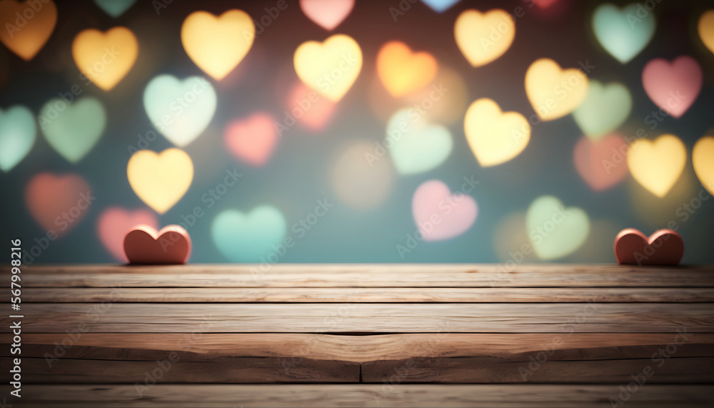 valentine's day background with empty wooden table for product display, bokeh lights, copy space, hearts in the background