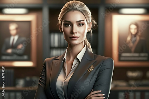 Confident business woman leader, elegant professional company executive ceo manager, wearing suit in office with arms crossed generated by AI 3D render