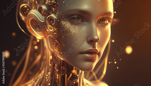 A humanoid cyber girl with gold neural network thinks. Artificial intelligence with a digital brain is learning to process big data. Artificial intelligence,Fantasy,Beautiful cyber girl. Generative AI
