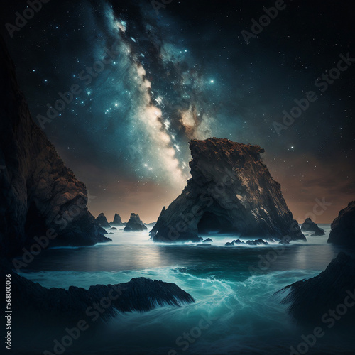 Landscape with mountains, planets, moon and Milky Way