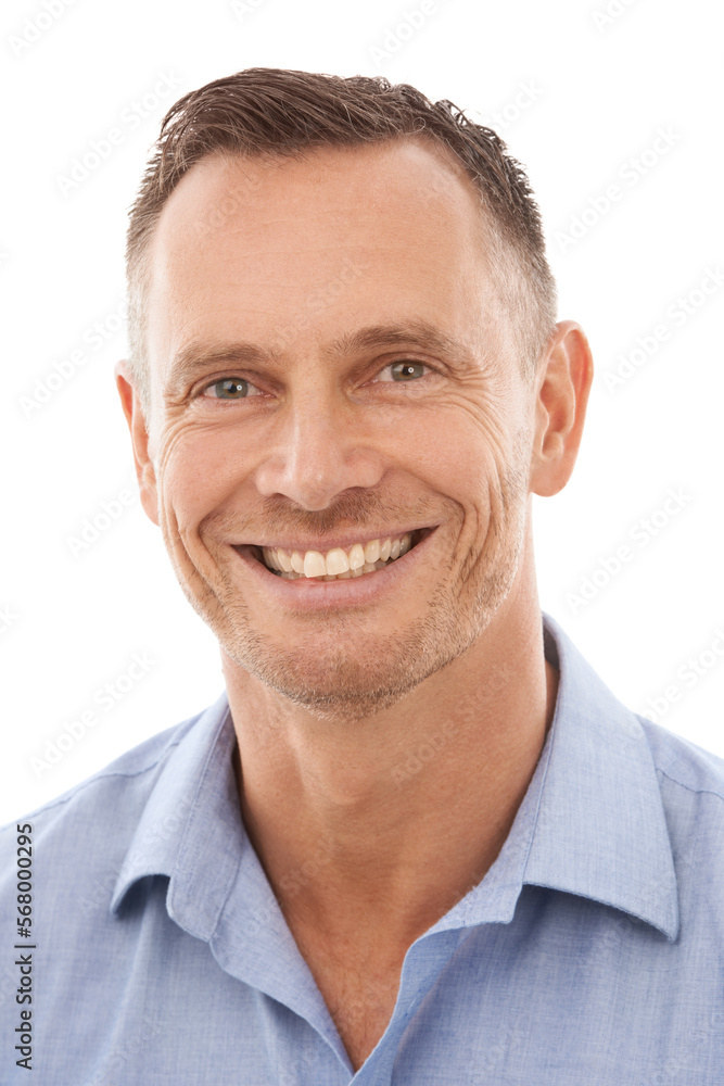Fototapeta premium Face, portrait and business man in studio isolated on a white background, smiling and happy with career. Boss, ceo and proud male entrepreneur from Canada with vision, mission and success mindset.