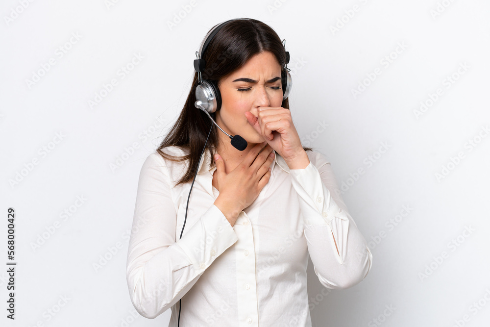 Telemarketer caucasian woman working with a headset isolated on white background is suffering with cough and feeling bad Telemarketer caucasian woman working with a headset isolated on white background is suffering with cough and feeling bad