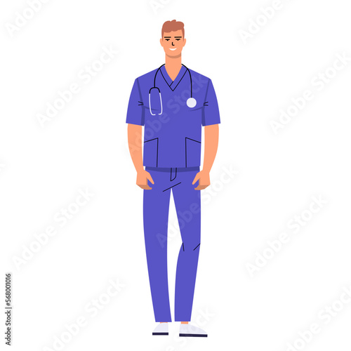 Young doctor, male nurse wearing scrubs. Medical worker with stethoscope isolated on white background. Flat style. Vector illustration.