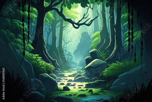 Deep Woods Imaginary Background. concept painting Illustration that is realistic. Digital CG Artwork Background for video games. scenery in nature. Generative AI