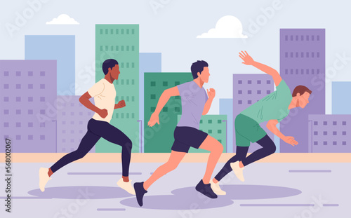 Men jogging a marathon distance on a city road. Sports competitions for people of different nationalities vector illustration