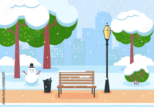 Vector illustration of winter city park with snow and big modern city background. Bench in winter city park, winter holidays concept in flat