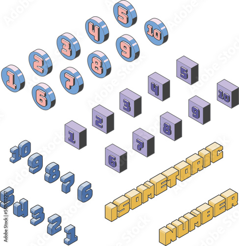 立体的でアイソメトリックな数字のベクターアイコンセット、主線のあるイラスト