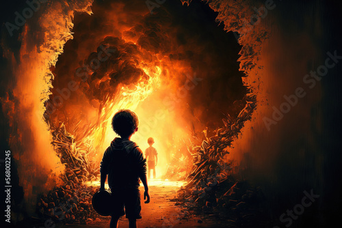To represent the idea of redemption following suffering, a kid rises from the blazing fires of hell to the brightness of heaven. in honor of Halloween. Generative AI