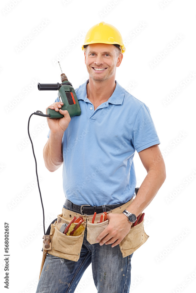 Drill, construction tools and portrait of man with smile in engineering, maintenance and building. Manual labor, repair service and contractor, builder and handyman with gear belt on white background Drill, construction tools and portrait of man with smile in engineering, maintenance and building. Manual labor, repair service and contractor, builder and handyman with gear belt on white background