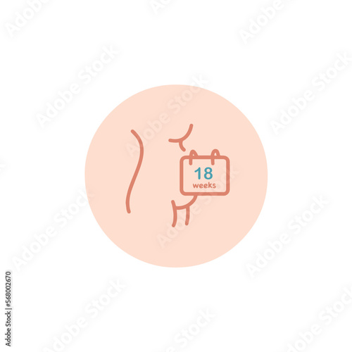 18 weeks pregnant icon. Eighteen weeks of pregnancy calendar icon in vector. Five months pregnant woman sign. Pregnancy week by week.