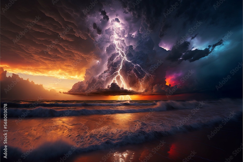 Landscape of a tropical electrical storm with lightning over the sea. Generative AI