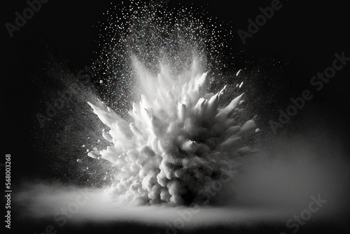 Explosion of white powder against a dark backdrop. Generative AI photo